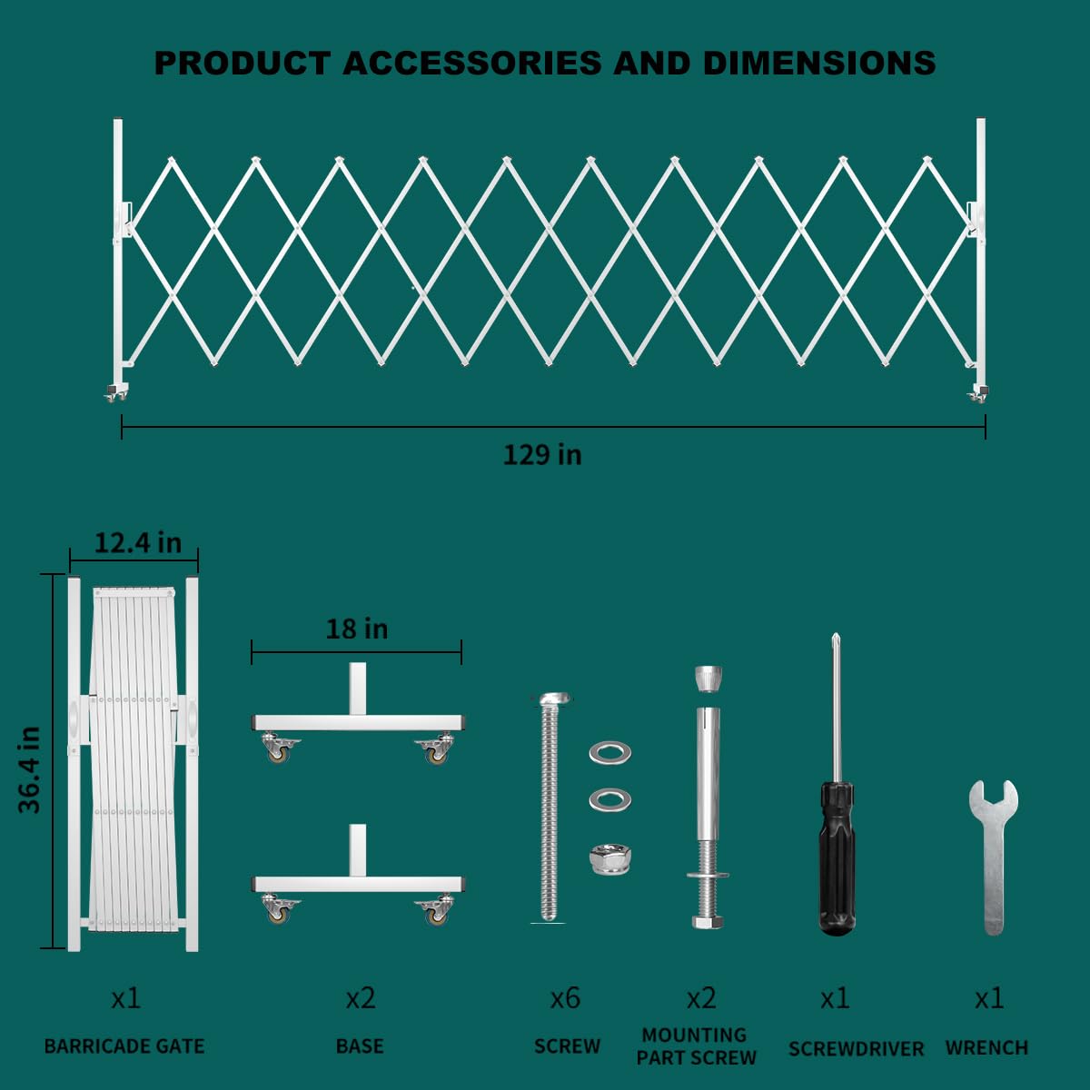 WEWORTH Expandable Barricade, Accordion Garden Yard Outdoor Indoor Portable Folding Security Dog Fence Gates Wall Mount, 129' Adjustable Metal Safety Barrier Gate with Casters, White