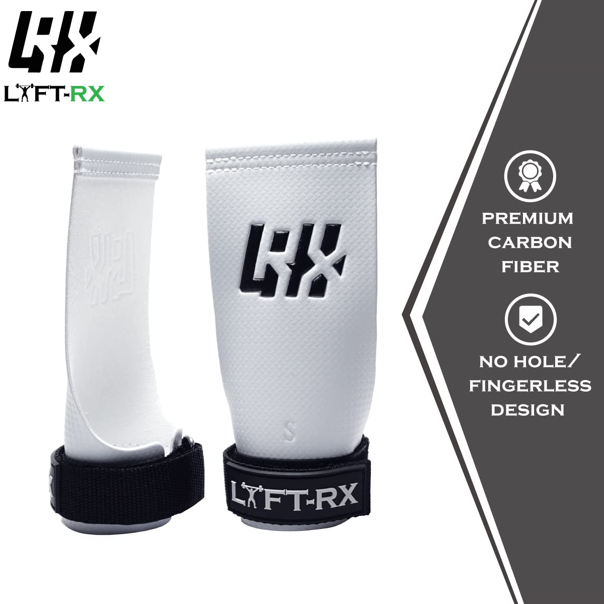 LYFT-RX Carbon Fiber Hand Grips for Weightlifting, Cross Training, Pullup, Muscle Ups - No Hole Fingerless Grip, Gymnastics Fit, Men/Women Lift Gloves, Protects Palms & Enhances Grip, Chalk, Small