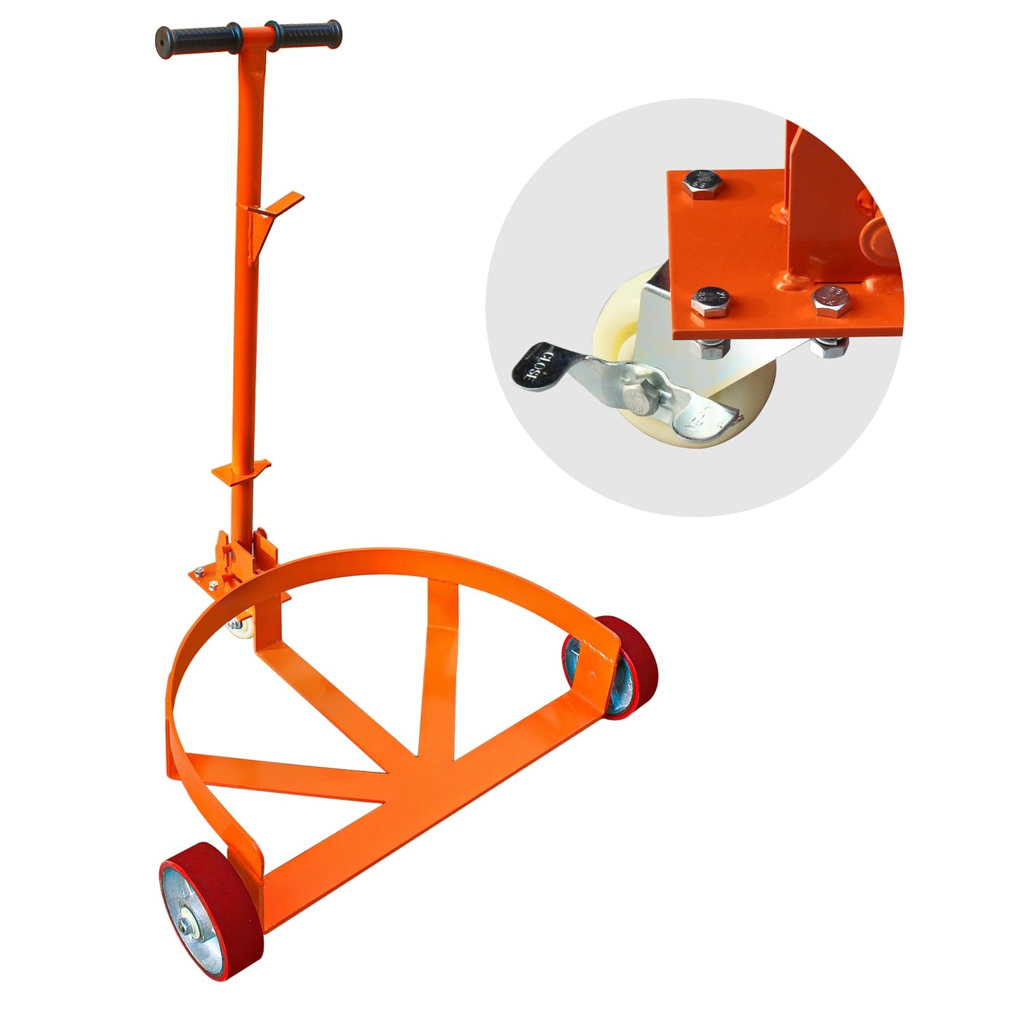 55 Gallon Drum Dolly, 1200 lbs Load Capacity, Adjustable Handle Barrel Dolly Cart with One 360° Swivel Lockable Wheel, Low Profile Steel Oil Drum Caddy for Warehouse, Workshop, Factory, Dump Station