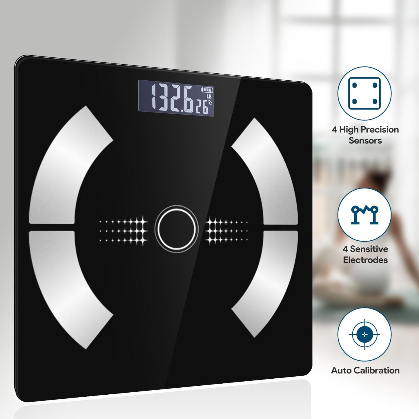 Smart Body Fat Scale - Accurate Digital Bathroom Scale with Bluetooth, 16 Essential Measurements Including Muscle Mass, Bone Mass, Body Water, BMI, and Visceral Fat【Black】