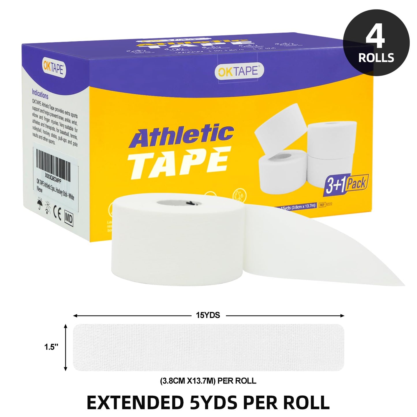 OK TAPE Athletic Sports Tape（4 Packs) - 45ft Per Roll Very Strong Tape for Athlete & Sport Trainers & First Aid Injury Wrap, Perfect for Fingers Ankles Wrist on Bat, Hockey Stick - Black