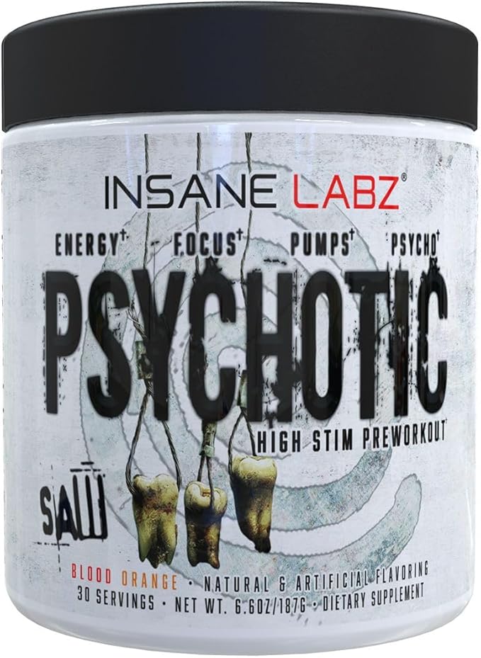 Insane Labz Psychotic Saw, High Stim Pre Workout Powder with OxyGold­??and AMPiberry®,Extreme Lasting Energy with Teacrine®,Focus with CognitIQ® and Endurance with Beta Alanine,30 Srvgs,Blood Orange