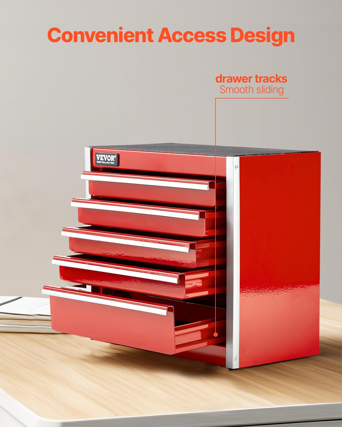 VEVOR Metal Tool Box, 8.6-inch, Portable Metal Tool Box with 5 Drawers, Small Tool Chest with EVA Liners and PP Feet Pads, Heavy-Duty Steel With Ball Bearing Opening and Powder Coated Finish, Red