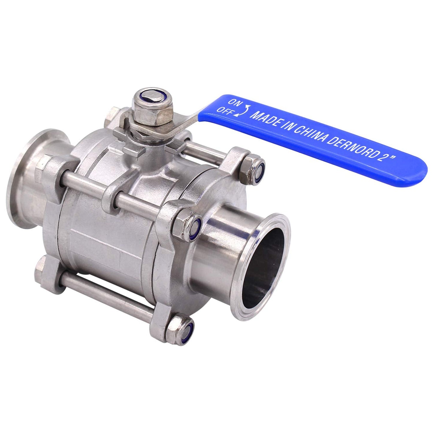DERNORD 2" Sanitary Ball Valve Fits 2" Tri-Clamp Clover Stainless Steel 304, PTFE Lined, Two Way & Three Piece (2 Inch Tube OD Quick Clamp)