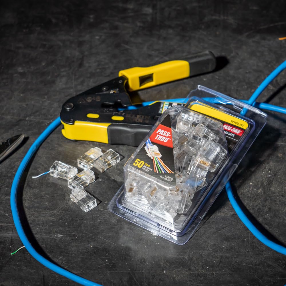Klein Tools 80072 RJ45 Cable Tester Kit with LAN Scout Jr. 2, Coax Crimper / Stripper / Cutter Tool and 50-Pack Pass-Thru Modular Data Plugs