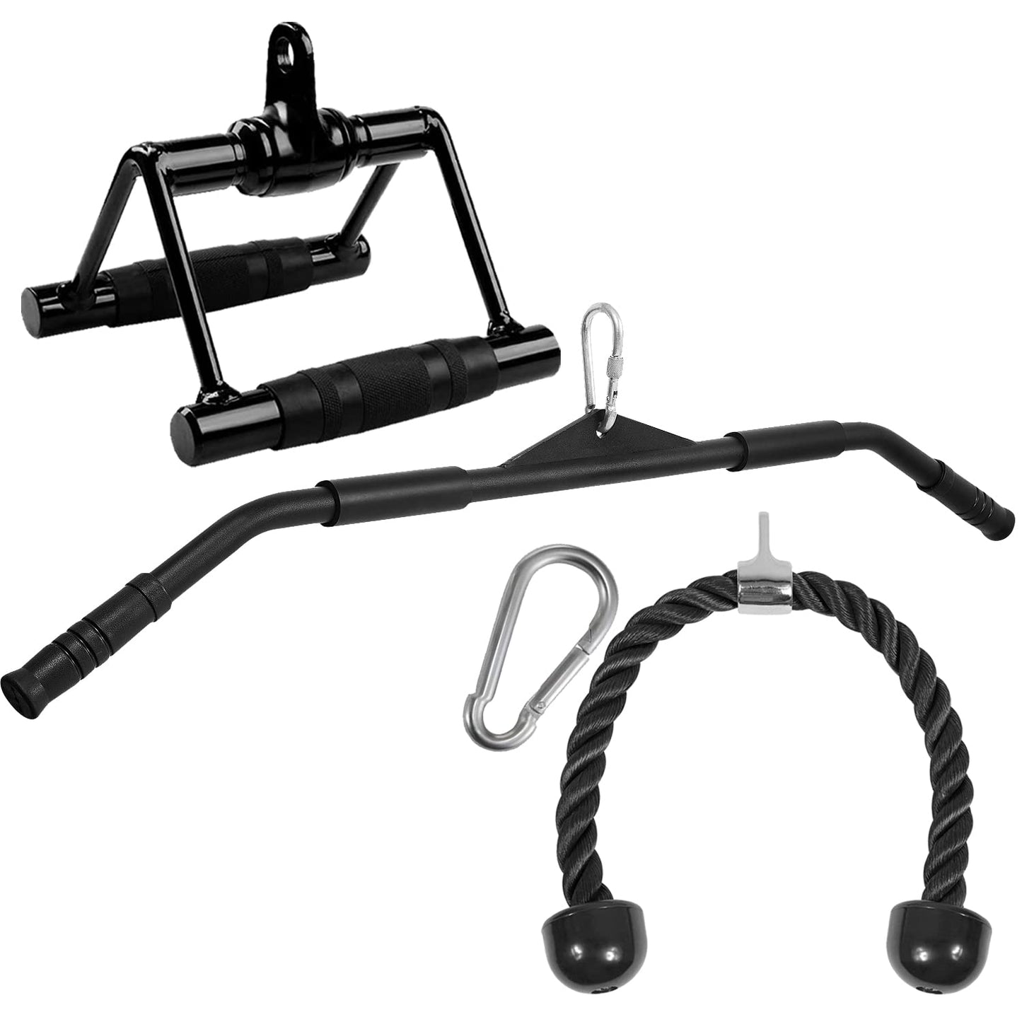 Yes4All Tricep Rope Cable Attachment 27" and Wide Grip LAT Pull Down Bar Attachments/Black Curl LAT Pulldown Press Down Bar 39" Cable Attachment Rubber Handgrips and Black Double D Row Handle