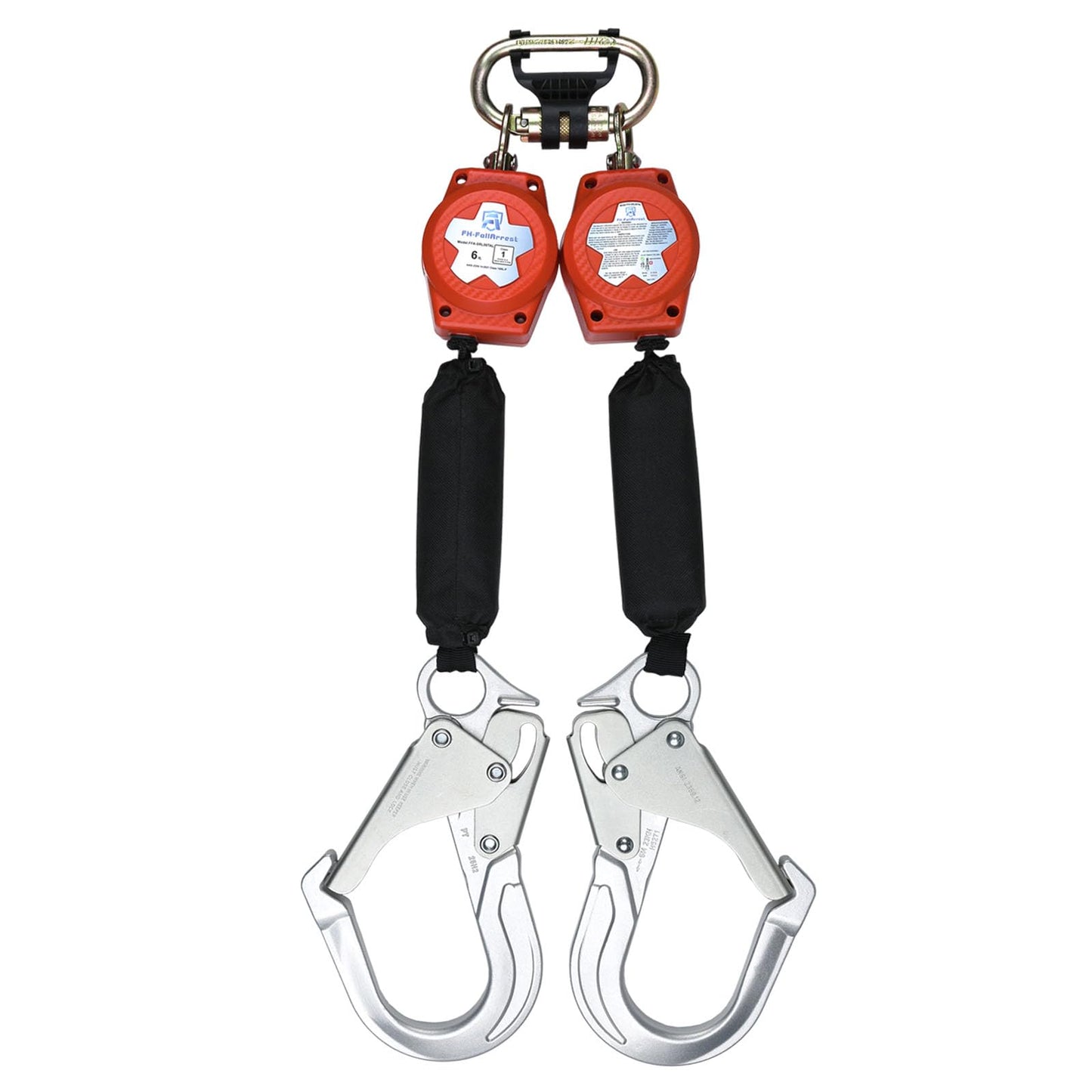 FHFallArrest Self-Retracting Lifeline,Fall Protection 6 Foot Double Web Leg Retractable Lanyard,Steel Snap Hook & Steel Carabiner,ANSI & OSHA Compliant SRL (Dual Rebar Hooks & Carabiner)