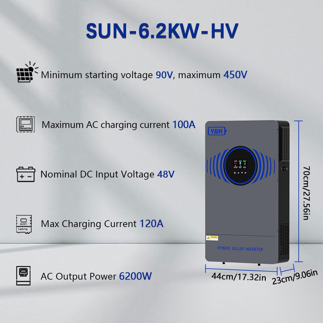 Y&H 6200W Hybrid Solar Inverter DC 48V to AC 230V Pure Sine Wave, Battery-Free Start Supported, with 120A MPPT Solar Charger, Air/Lightning Switch, for 48V LiFePO₄/Lead Acid, Home & RV Solar System