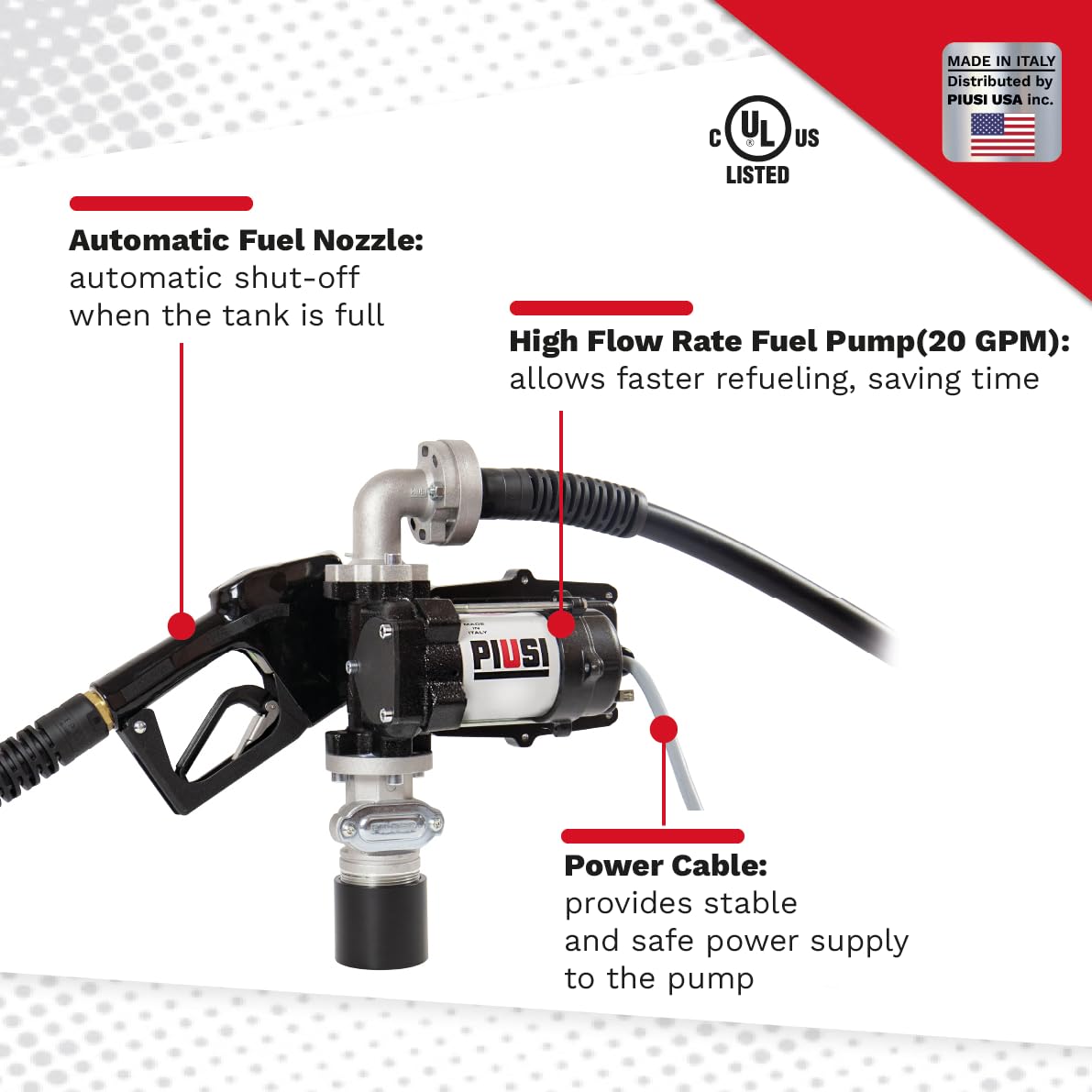 Piusi EX75 UL DC Fuel Transfer Pump KIT 12V for Diesel and Gasoline 20 GPM Flow Rate at Nozzle Equipped with 12 ft Discharge Hose, Automatic Nozzle