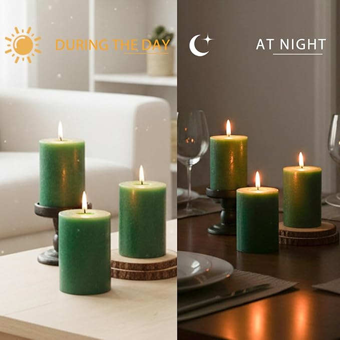 Green Pillar Candles - 6 Packs, 2.8x4 Inch, Unscented Pillar Candles Bulk, 56 Hours Long Burning Candles, Dripless & Smokeless Large Green Candles for Christmas Decor, Fireplace, Christmas,Advent