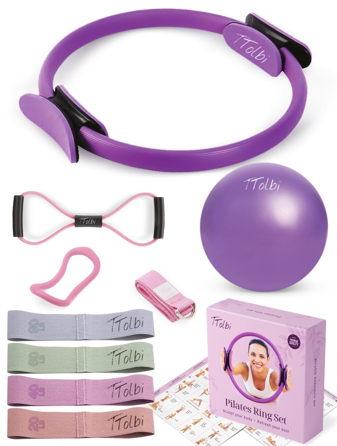 TTolbi Pilates Equipment Kit - Pilates Ring and Ball Set, Home Pilates Workout Kit for Women with Essential Accessories for At Home Workouts to Tone, Strengthen, Balance & Improve Flexibility