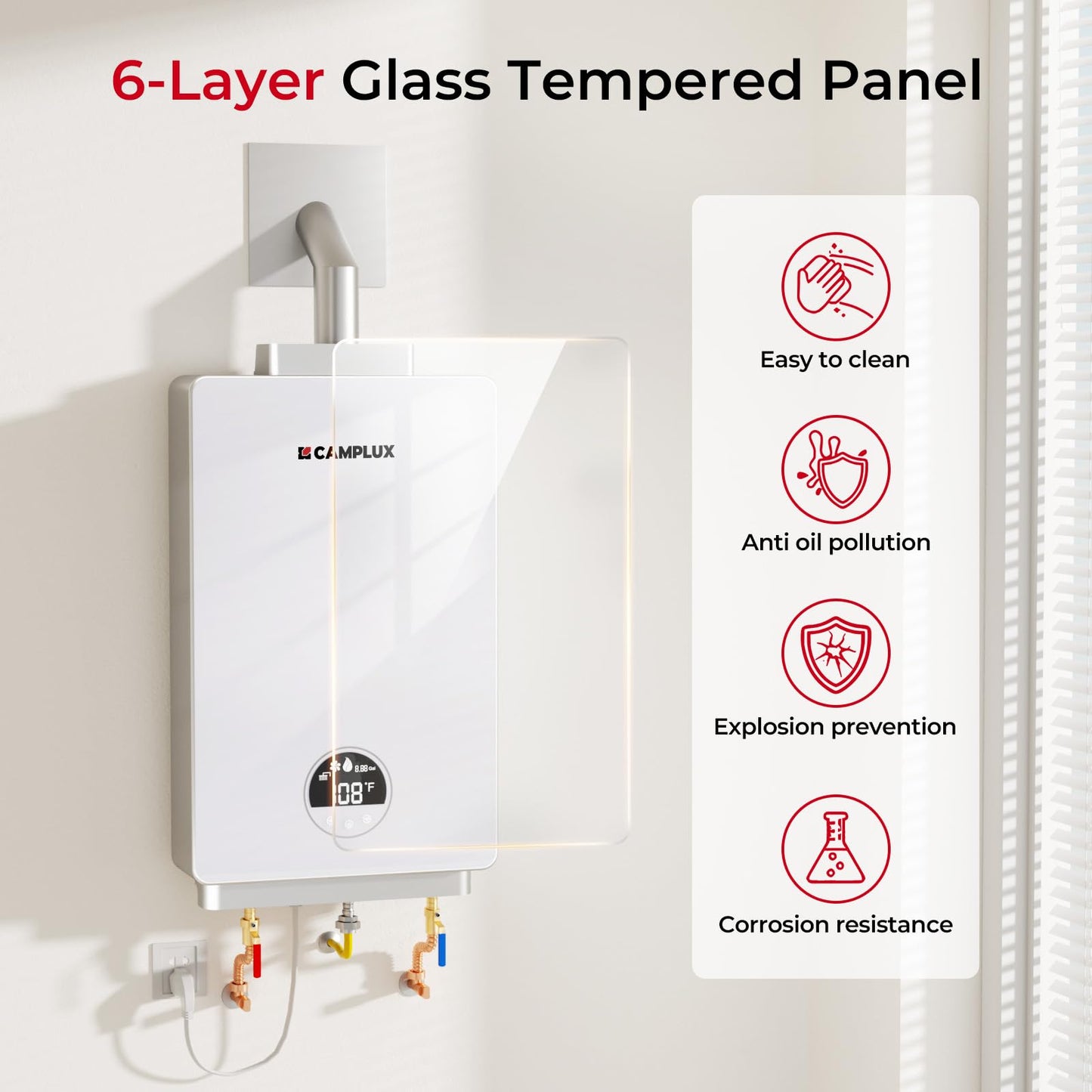CAMPLUX Tankless Water Heater Natural Gas, 3.18 GPM Up to 3.8 GPM 82,000 BTU On demand Residential Tankless Hot Water Heater Gas Indoor for Mobile Home, Constant Temperature System, White