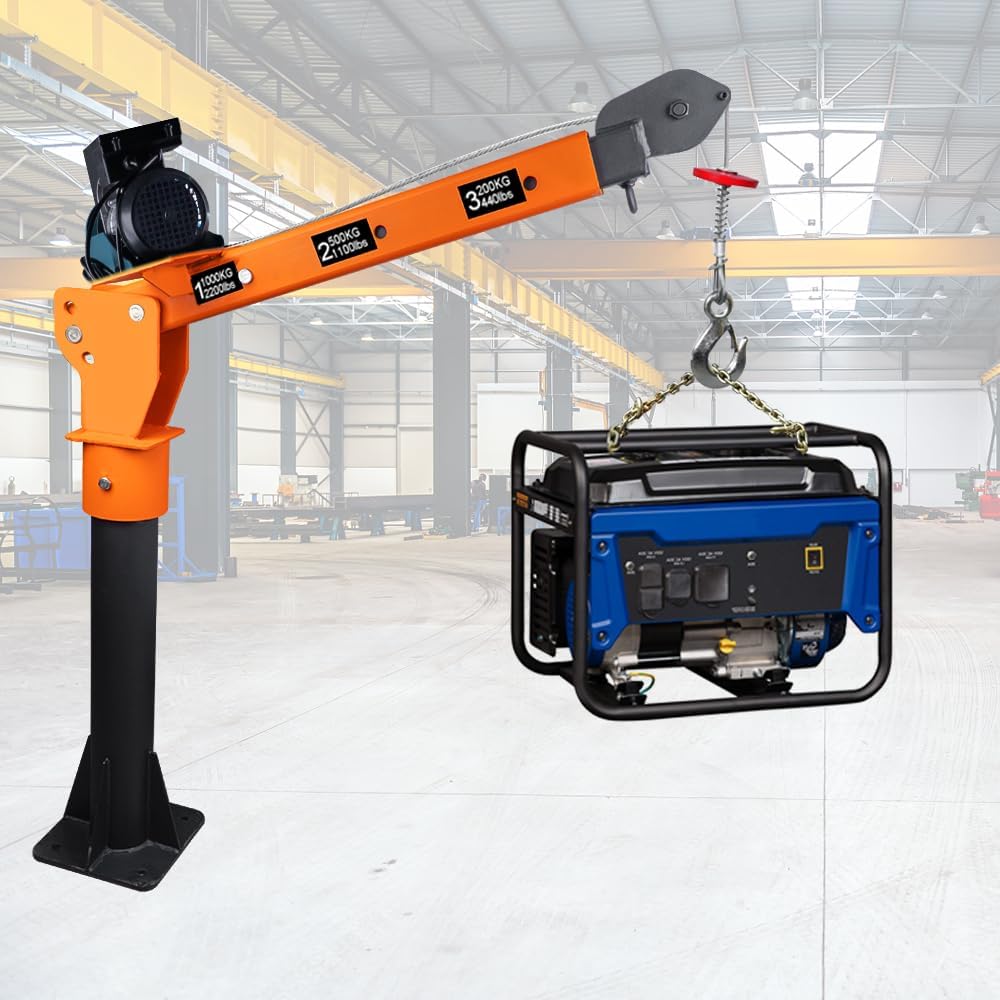 GRIPWAY 2200lb Industrial Folding Hoist Truck - 110V Electric Jib Crane with 1320lb Pull Force, Painted Steel for Warehouse Construction Factory Goods Lifting，Orange