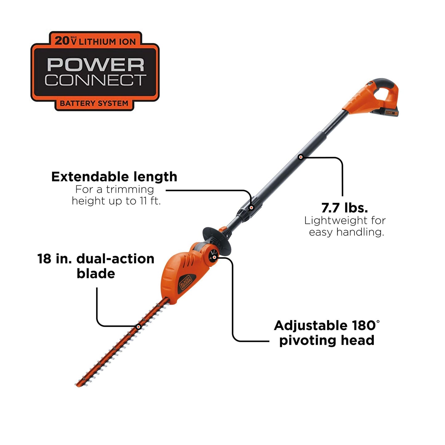 BLACK+DECKER 20V MAX Pole Hedge Trimmer Cordless with Battery and Charger, 18-Inch Dual Action Blade Power Hedge Trimmer, Extended Long Reach Hedger Up to 11 Ft, 180 Degrees Pivoting Head (LPHT120)