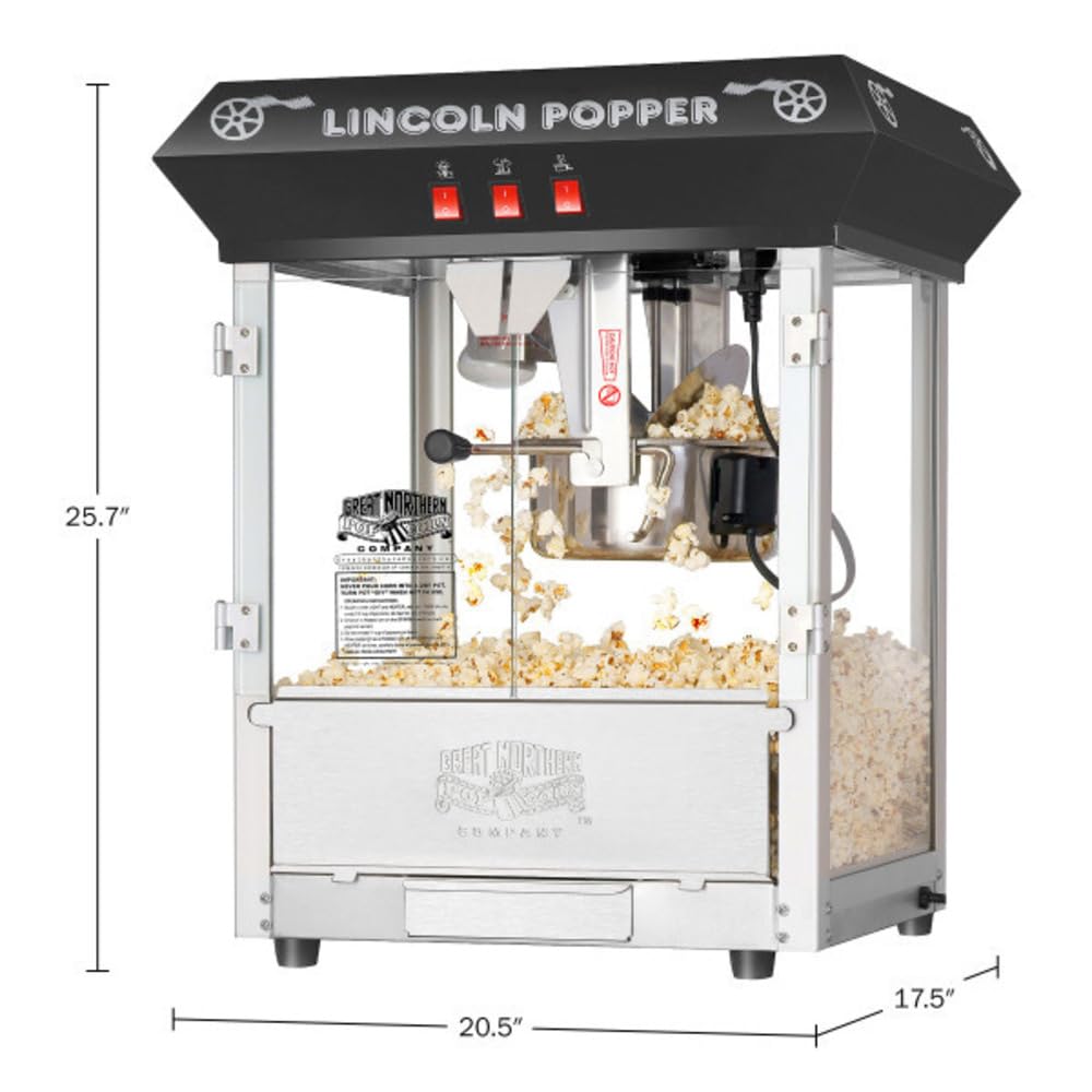 Lincoln Popcorn Machine - 8oz Popper with Stainless-Steel Kettle, Reject Kernel Tray, Warming Light and Accessories by Great Northern Popcorn (Black)