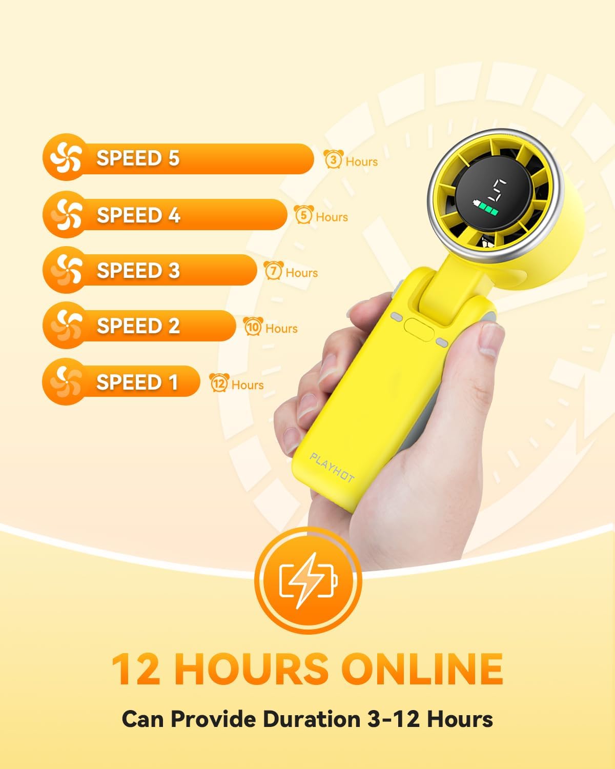 PlayHot Portable Handheld Turbo Fan - 5-Speed Rechargeable 5000mAh Battery | Lightweight 3-in-1 Design, Yellow