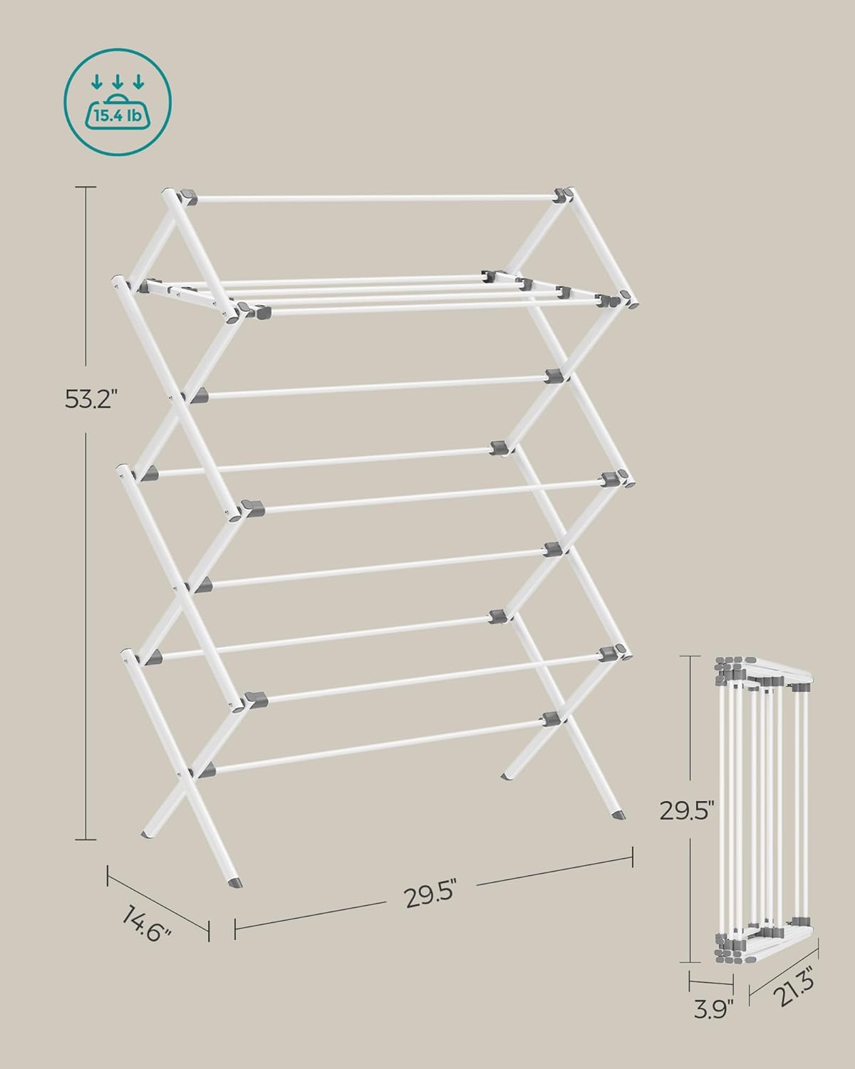 SONGMICS Foldable Clothes Drying Rack - Steel Frame Laundry Airer for Indoor/Outdoor Use | 14.6 x 29.5 x 53.2 Inches, Easy Assembly, White