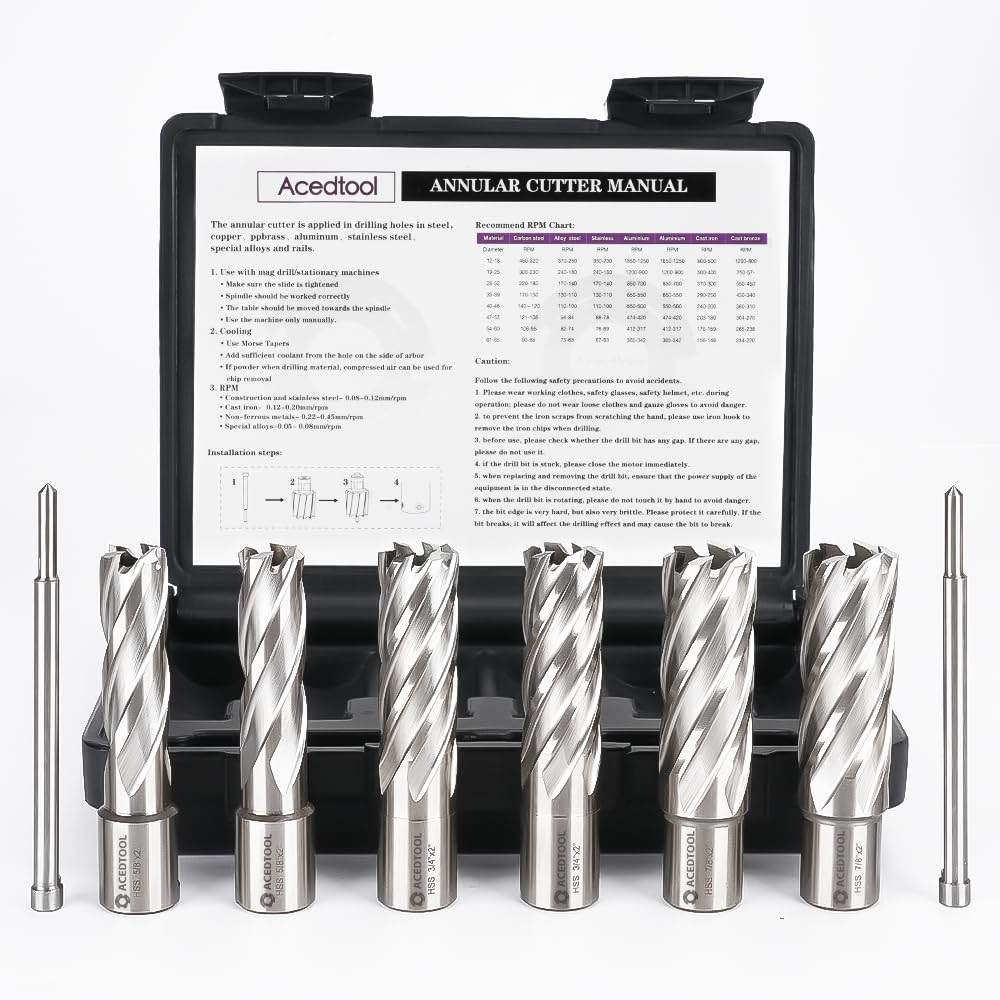 ACEDTOOL Annular Cutter Set, 6pcs Weldon Shank Mag Drill Bits, 2" Cutting Depth, 5/8",3/4",7/8" Cutting Diameter, M2 HSS, 2 Pilot Pins, Portable Case, for Using with Magnetic Drills
