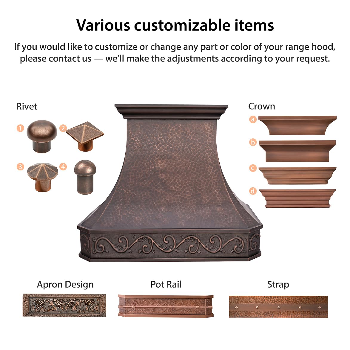 NAUXUS Custom Copper Kitchen Range Hood Cover, Handmade Kitchen Hood with Powerful Range Hood Insert, Classic Stove Vent Hood with Straps & Rivets, HCI00FT#