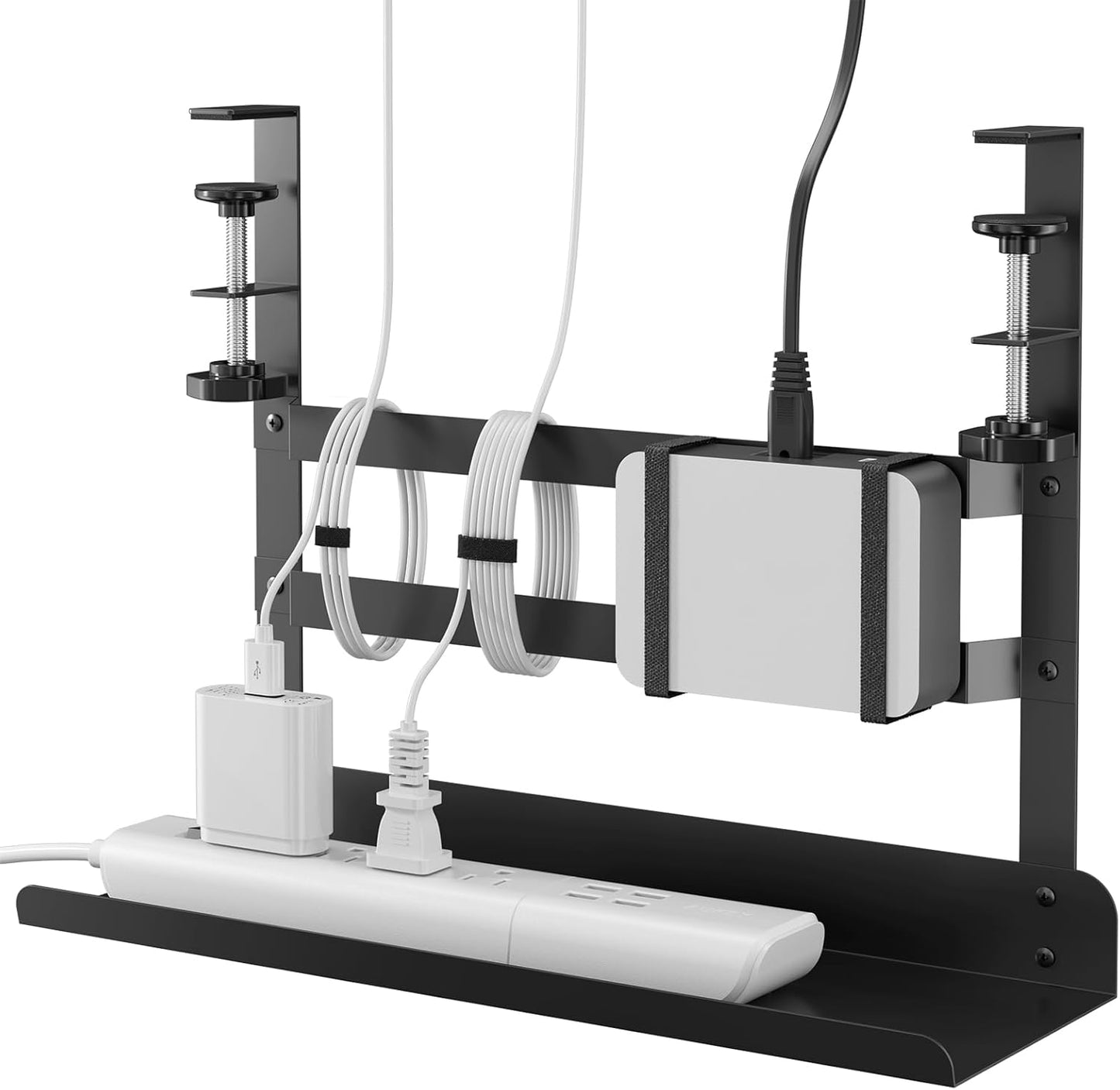 Yecaye Under Desk Cable Management Tray, No Drill Clamp Mount Metal Cable Management Tray with Desk Protection Pads