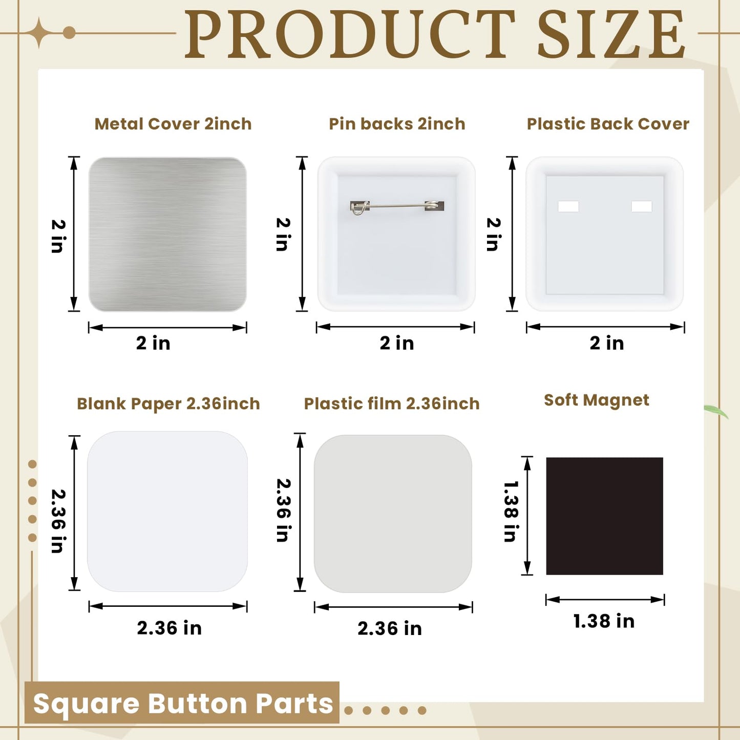 Wavwavw 150 Sets 50mm/1.97 Inch Square Button Maker Supplies, 75 Pcs Blank Fridge Magnet Badge Parts and 75 Pcs Pin-Back Badge Parts Press for Square Button Maker Machine, DIY Gift Crafts