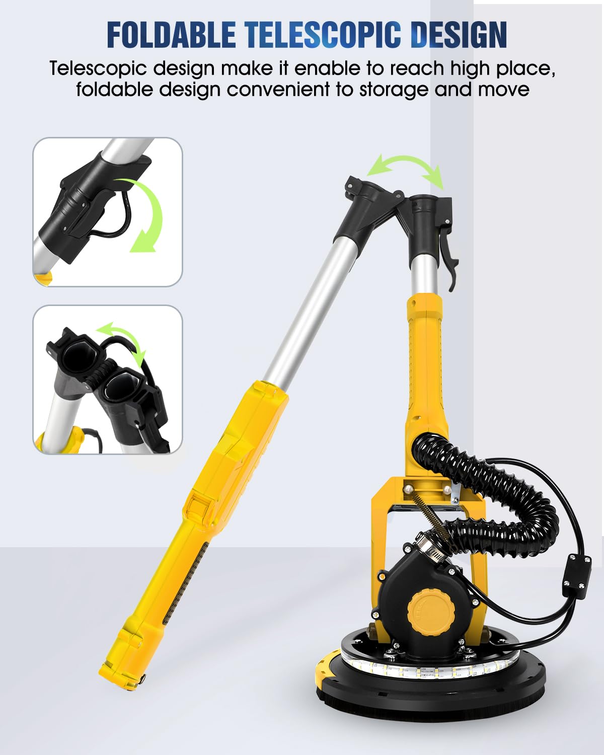 MYTOL Drywall Sander, 7.2A Electric Drywall Sander with Vacuum Dust Collection, 6 Variable Speed 900-1800RPM, LED Light, Foldable & Extendable Handle, 9 Pcs Sandpaper&3 Pcs Grid Sandpaper, Full Green