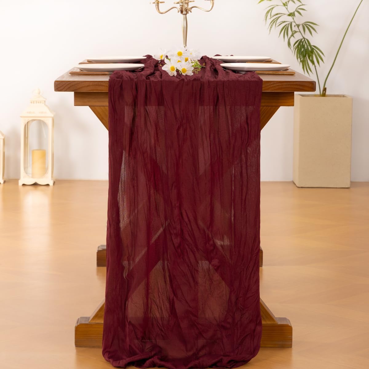 Socomi Burgundy Red Cheesecloth Table Runner - 120 Inch Boho Rustic Decor for Weddings & Events