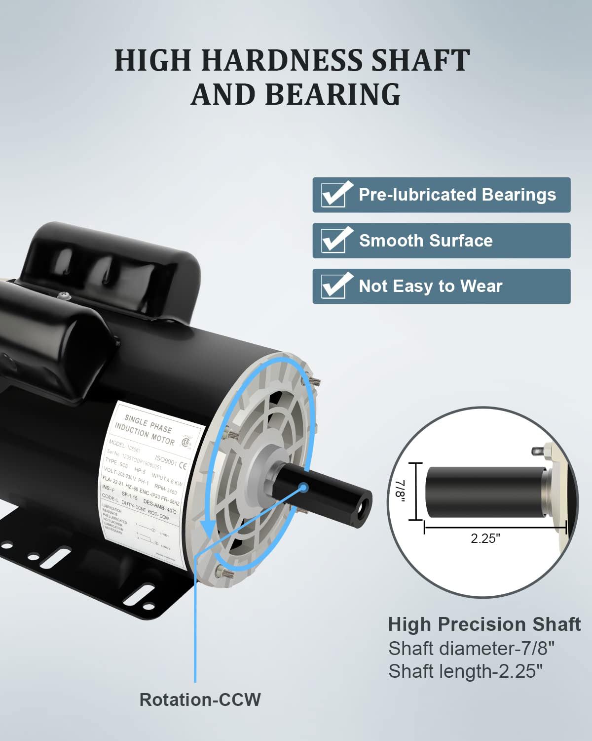 Air Compressor Motor 5HP Single Phase Electric Motor 3450RPM 208V-230V 7/8" Shaft Diameter, Commercial-Duty CCW Rotation 56HZ Frame, 2Pole