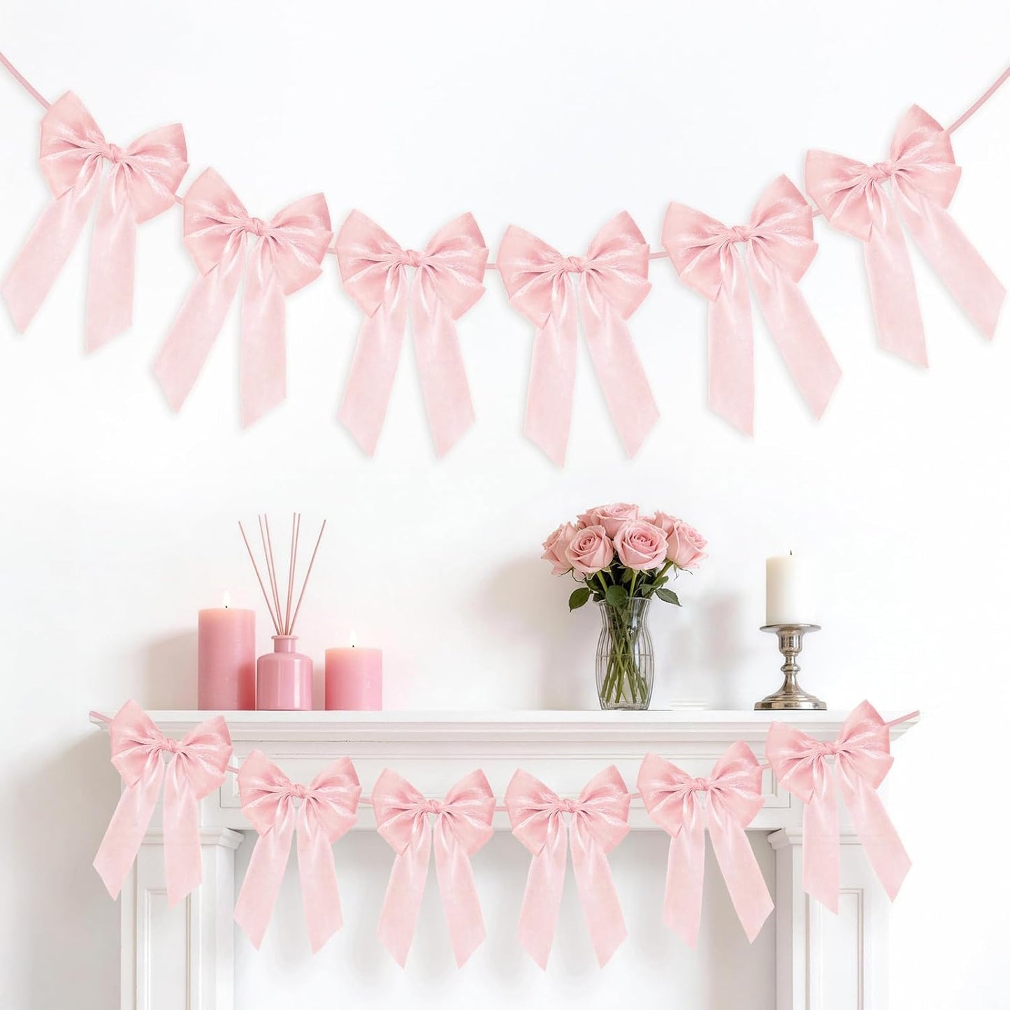 Skiennix 6.5ft Pink Bows Garland Banner - 6 Pcs Pre-Strung Bow Party Decorations for Birthdays & Showers