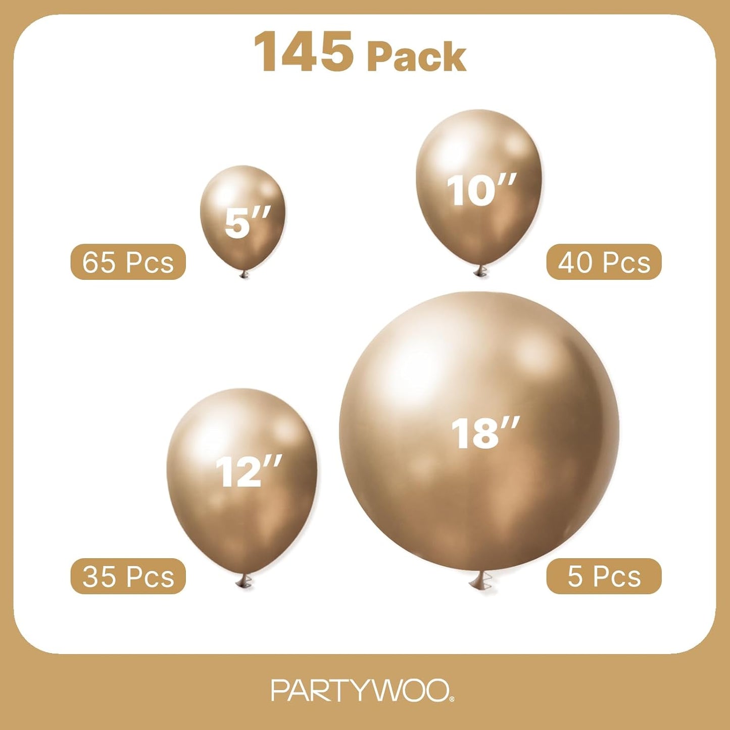 PartyWoo Metallic Gold Balloon Arch Kit - 145pcs in 5-18 Inch Sizes for Birthday, Graduation & Wedding Decor