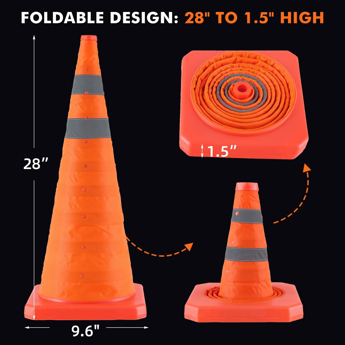 Jade Butterfly 28 Inch 4 Pack Collapsible Traffic Safety Cones, Orange Cones with Reflective Collar, Portable Multipurpose Traffic Cones for Parking Construction Driving Training Sports Practice