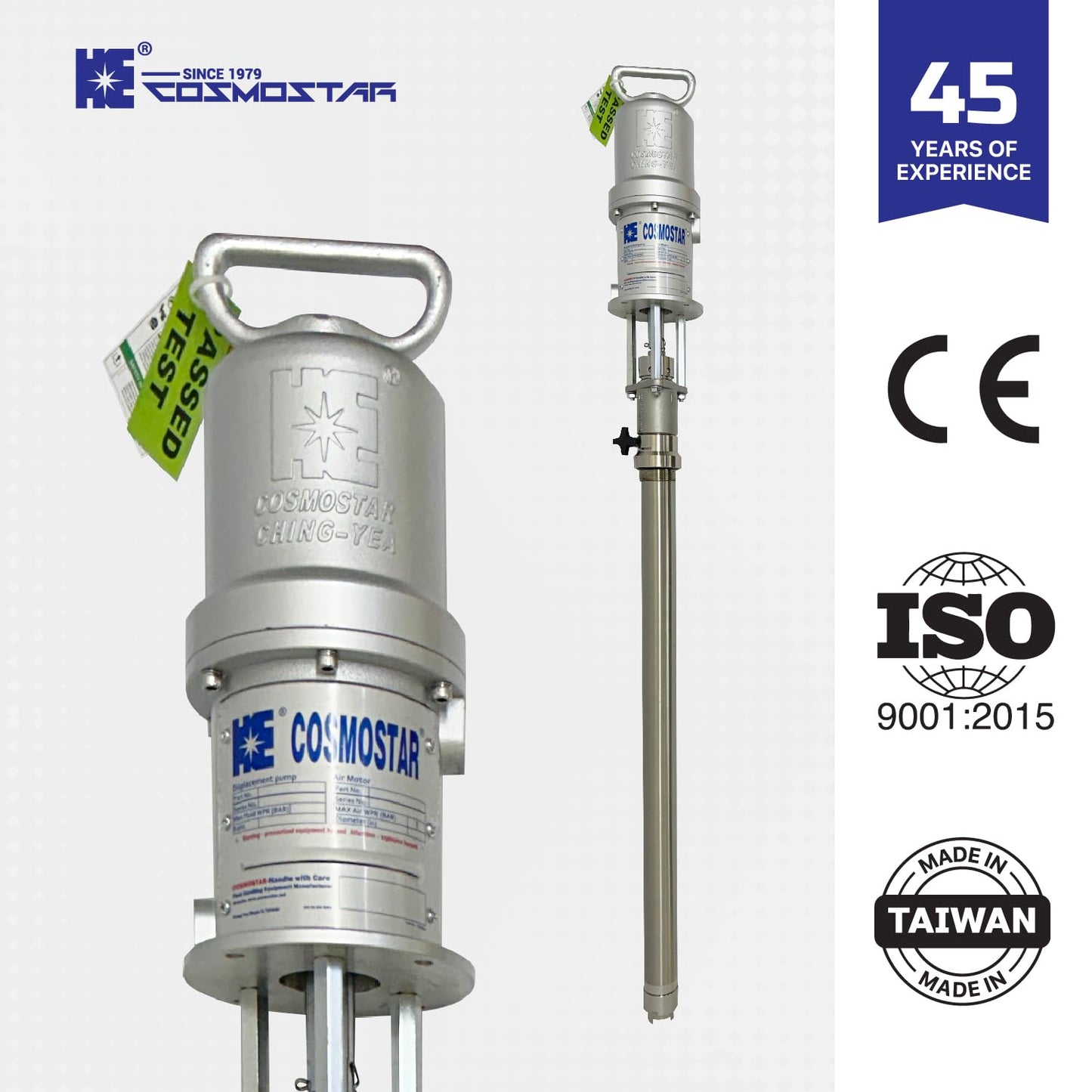 COSMOSTAR P1302 5:1 55 Gallon Air Operated Pneumatic Piston Pump, Stainless Steel Type, Drum Length, Teflon Packing, Oil Chemical Transfer Pumps, 2.2 GPM/ 8.55 LPM, Max. Fluid Pressure 580 PSI