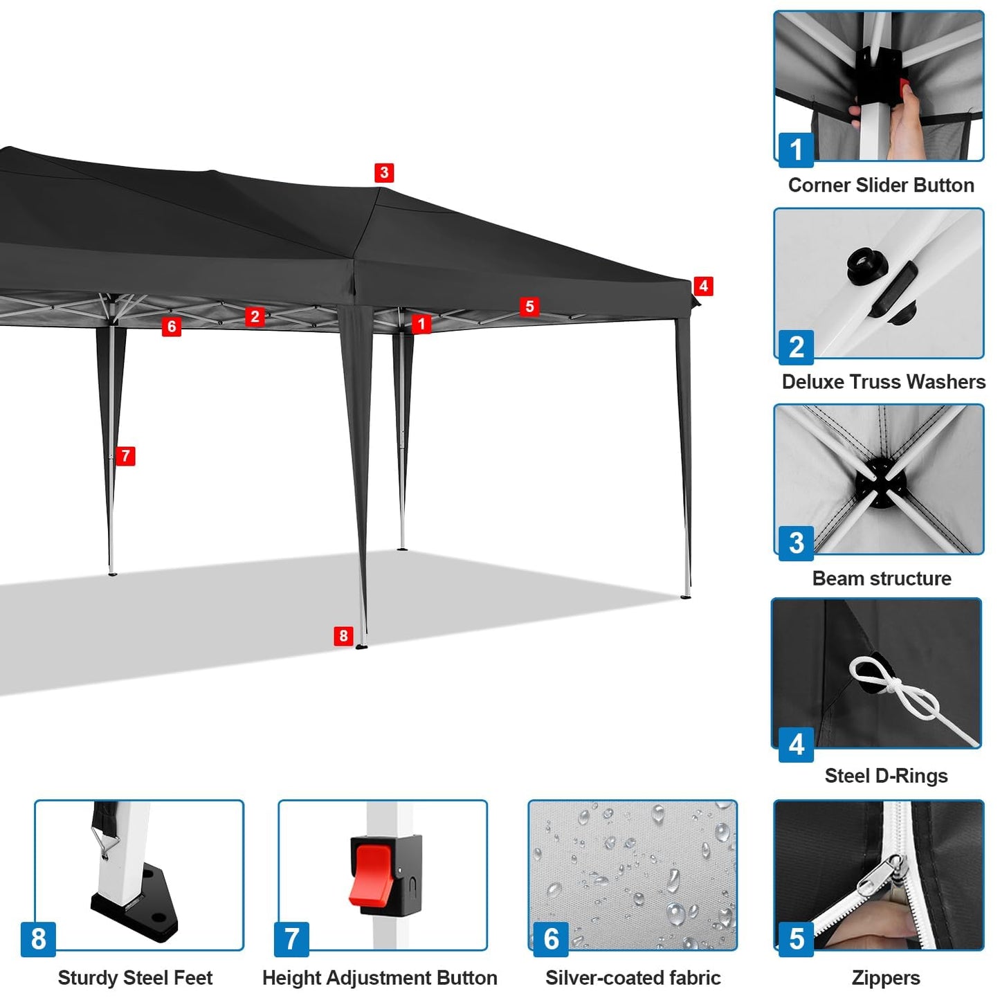 COBIZI Canopy 10x20 Pop Up Canopy Tent with 6 Sidewalls Outdoor Party Tent 10x20 Waterproof Commercial Instant Shelter UPF 50+ Portable Gazebo Wedding Tents for Parties Car Port Vender Events(Black