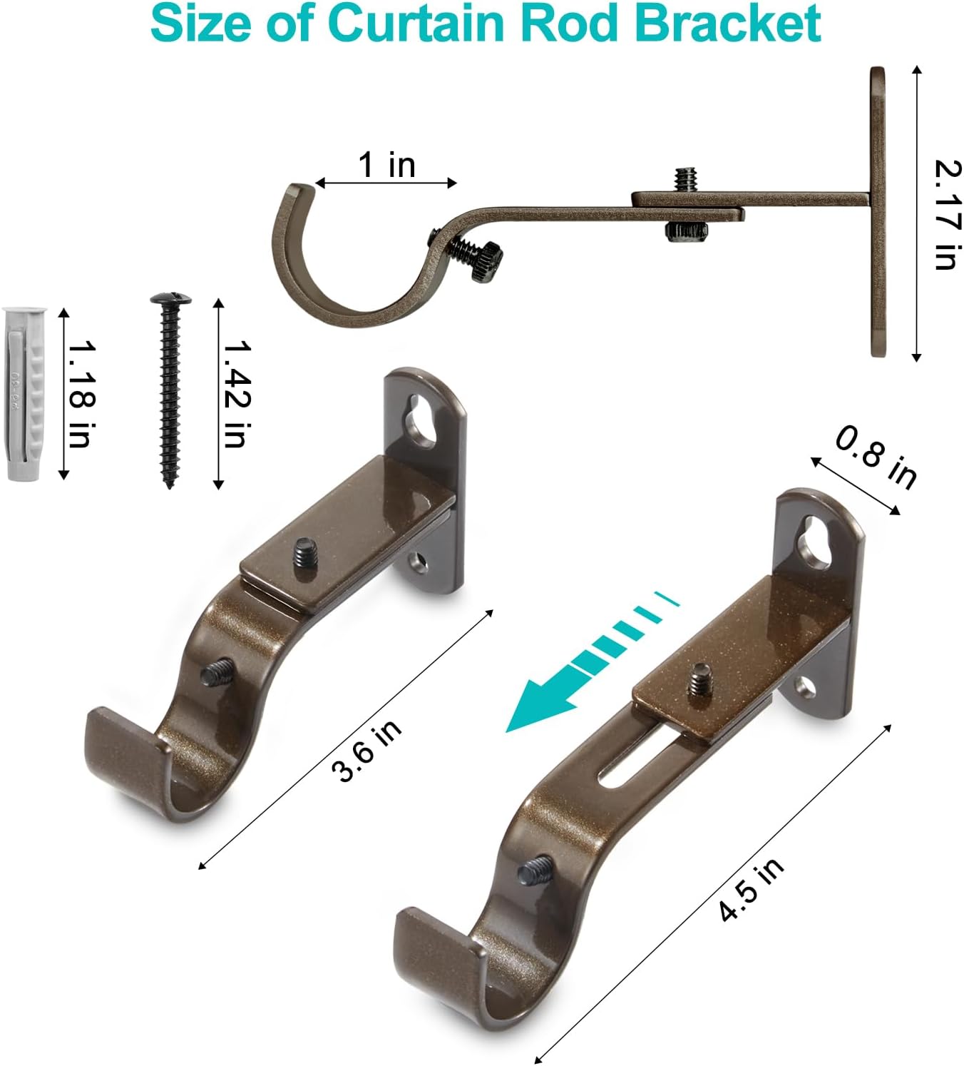 Skiennix Adjustable Curtain Rod Brackets - Durable Metal Drapery Rod Holders for 1-Inch Rods | Brown, Set of 2
