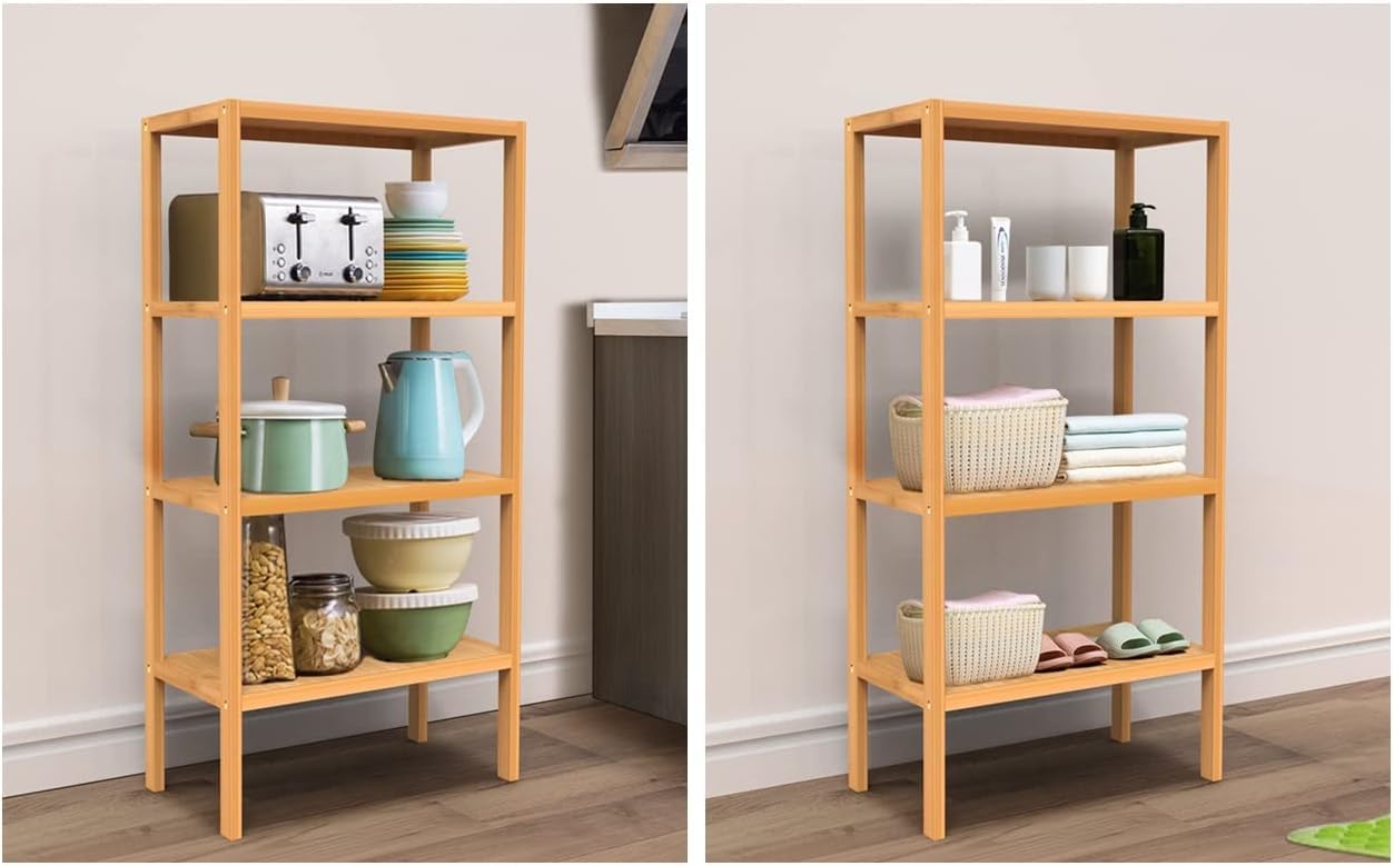 FoverOne 4 Tier Shelving Unit, Bamboo Book Shelf Bookcase Storage Shelf for Bathroom Kitchen Living Room