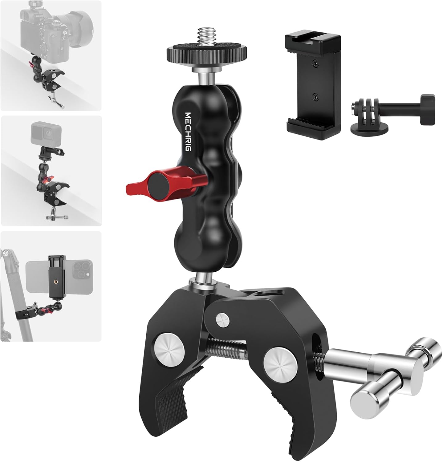 Mechrig (SY001) Camera Clamp Mount with Dual Ballhead Magic Arm, Aluminum Camera Mount Super Clamp Kit for DSLR Action