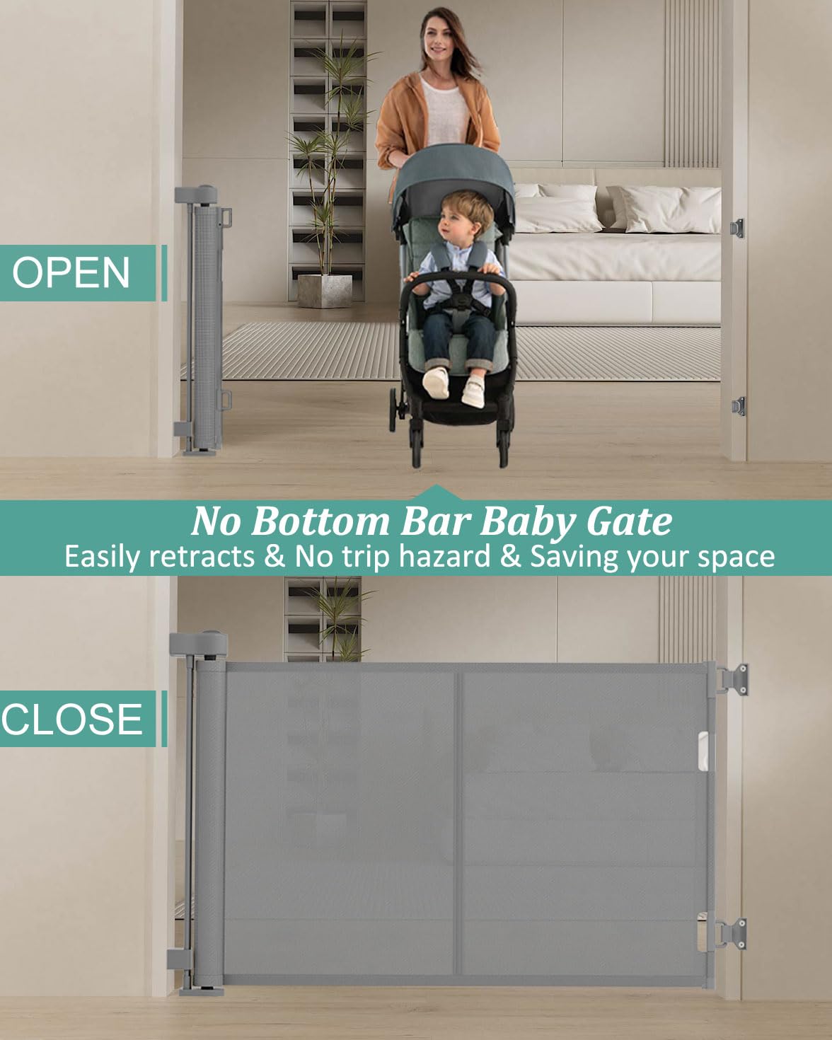 Miumoon 59 inch Retractable Baby Gates 34 inch Tall, Retractable Gate with Reinforced Strip Design to Prevent Crawling Through, 5 FT Retractable Dog Gate for Stairs, Doorways, Hallways, Indoor/Outdoor