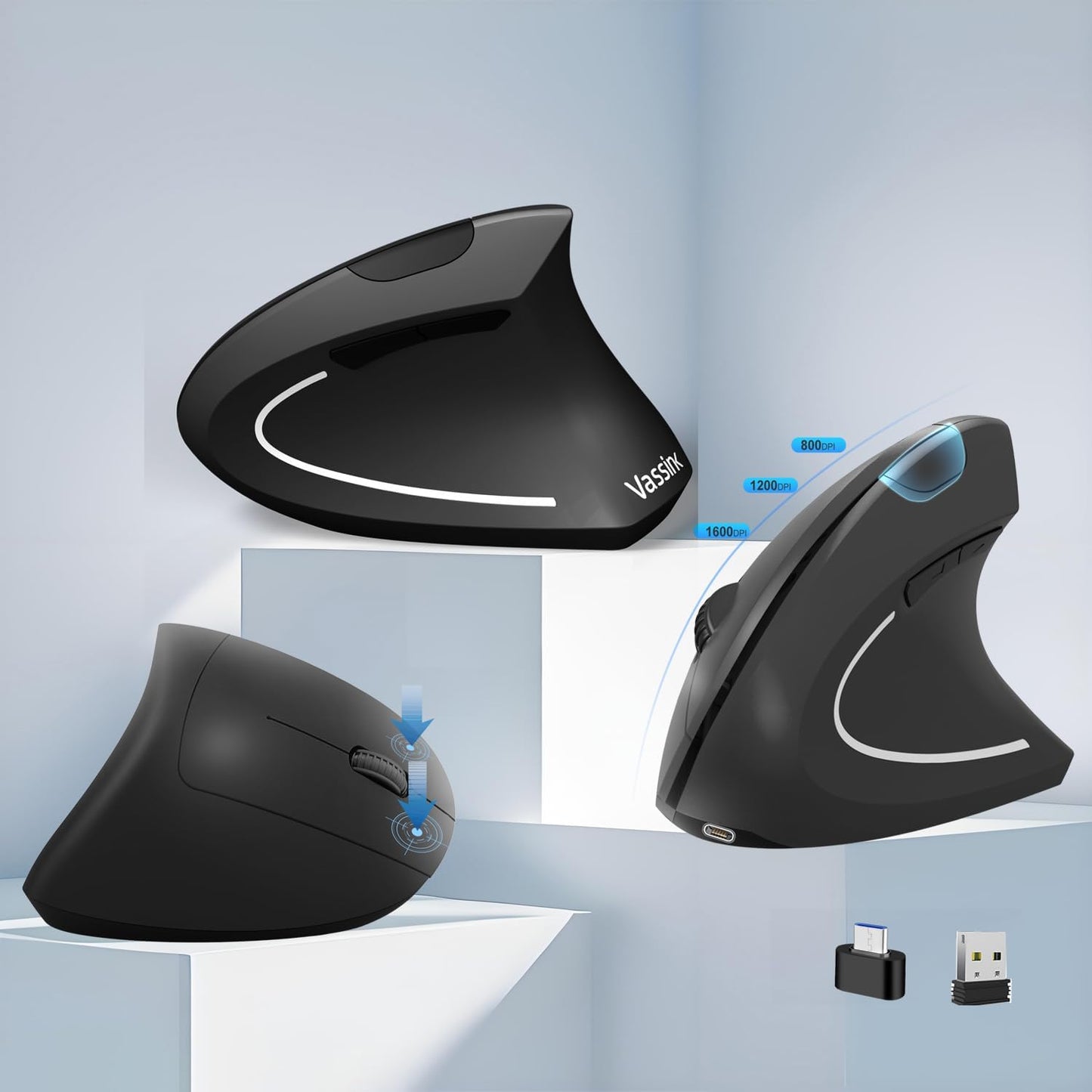 Vassink C(2 1) 800/1200/1600 6 2.4GHz Ergonomic WirelessMouse, USB A+Type in Connection, DPI, Silent Buttons, Carpal