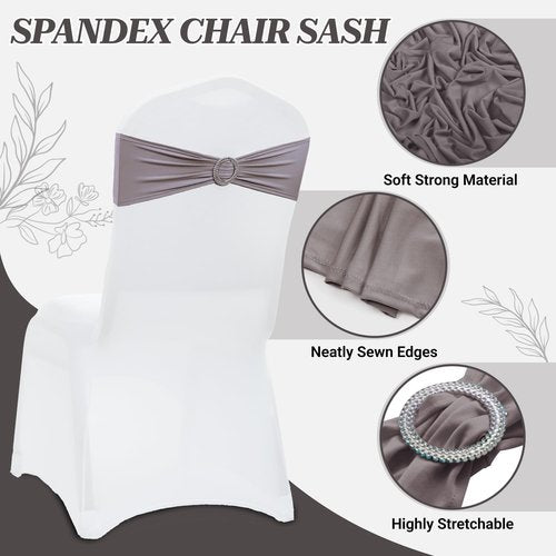 MDS Premium Spandex Chair Sashes - Universal Stretch Covers with Buckle Slider | Pack of 75 - Silver Gray