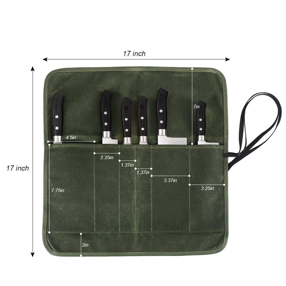 JOINDO Knife Roll Bag, Chef’s Knife Roll Bag, Heavy Duty Chef Knife Roll Bag with 6 Slots, Waxed Canvas Knife Bag Roll, Knife Pouch Holder for Home, Kitchen, Grill (green)
