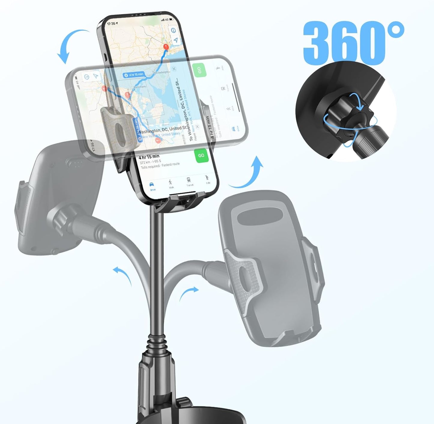 360 Cup Phone Holder for Car with Adjustable Long Gooseneck, Cell Phone Holder Mount for Car | Truck | Golf Cart
