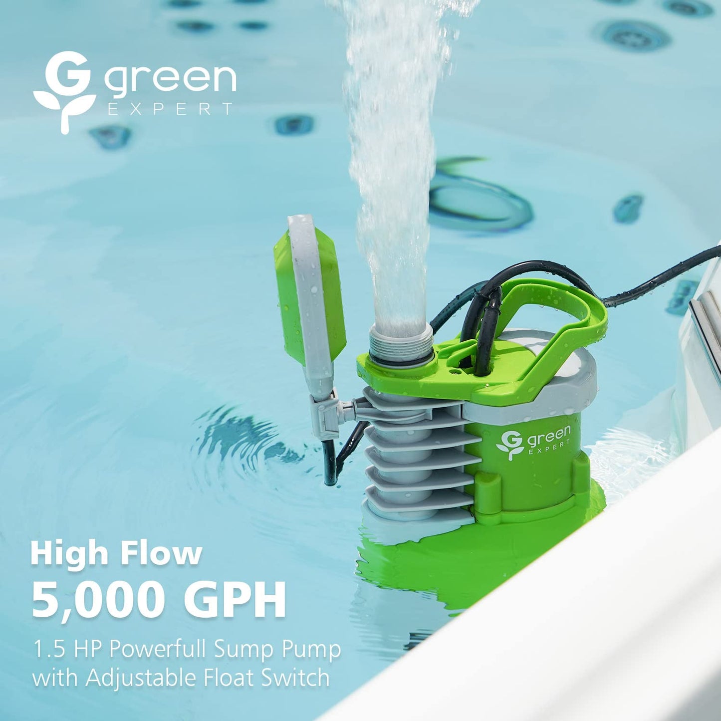 Water Removal Kit by Green Expert: Powerful Sump Pump with 25FT PVC Discharge Hose Max 5000 GPH High Flow for Quick Water Drain