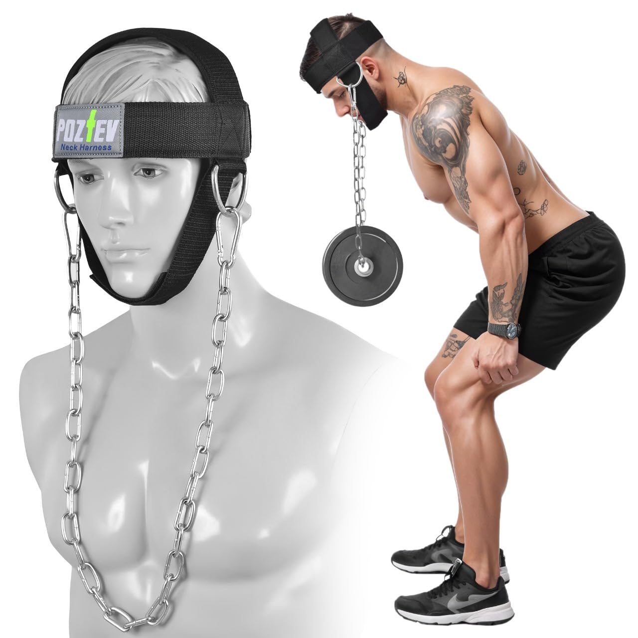 POZTEV Neck Harness with Heavy-Duty Chain - Adjustable Head and Chin Straps for Neck Strength and Pain Relief