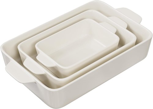 Kook Ceramic Bakeware Set - Rectangular Baking Dishes for Casseroles & Lasagna | 3-Piece Set in Ivory