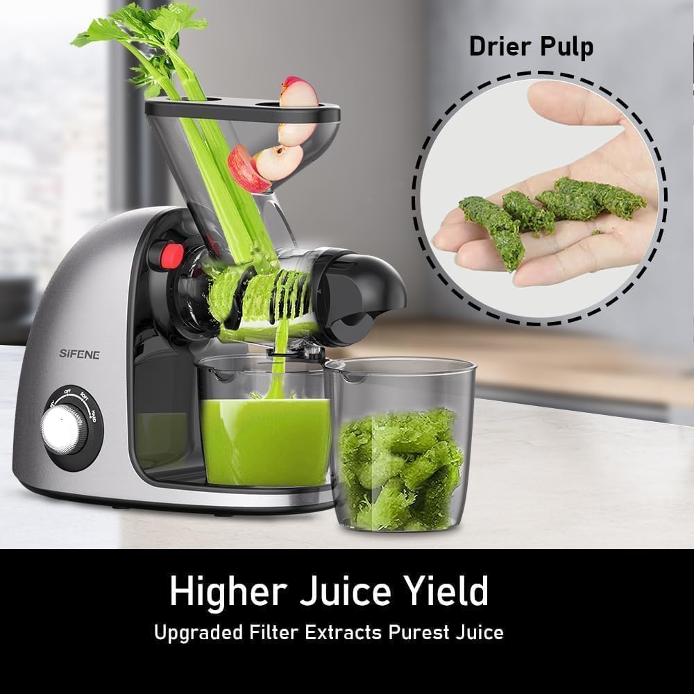 Cold Press Juicer, SiFENE Slow Masticating Juicer Machines for Fruit & Vegetable, Juice Yield Maker Extractor with Dual Mouth Quiet Motor & Anti-Clog System, Easy to Clean, Gray, JS3209