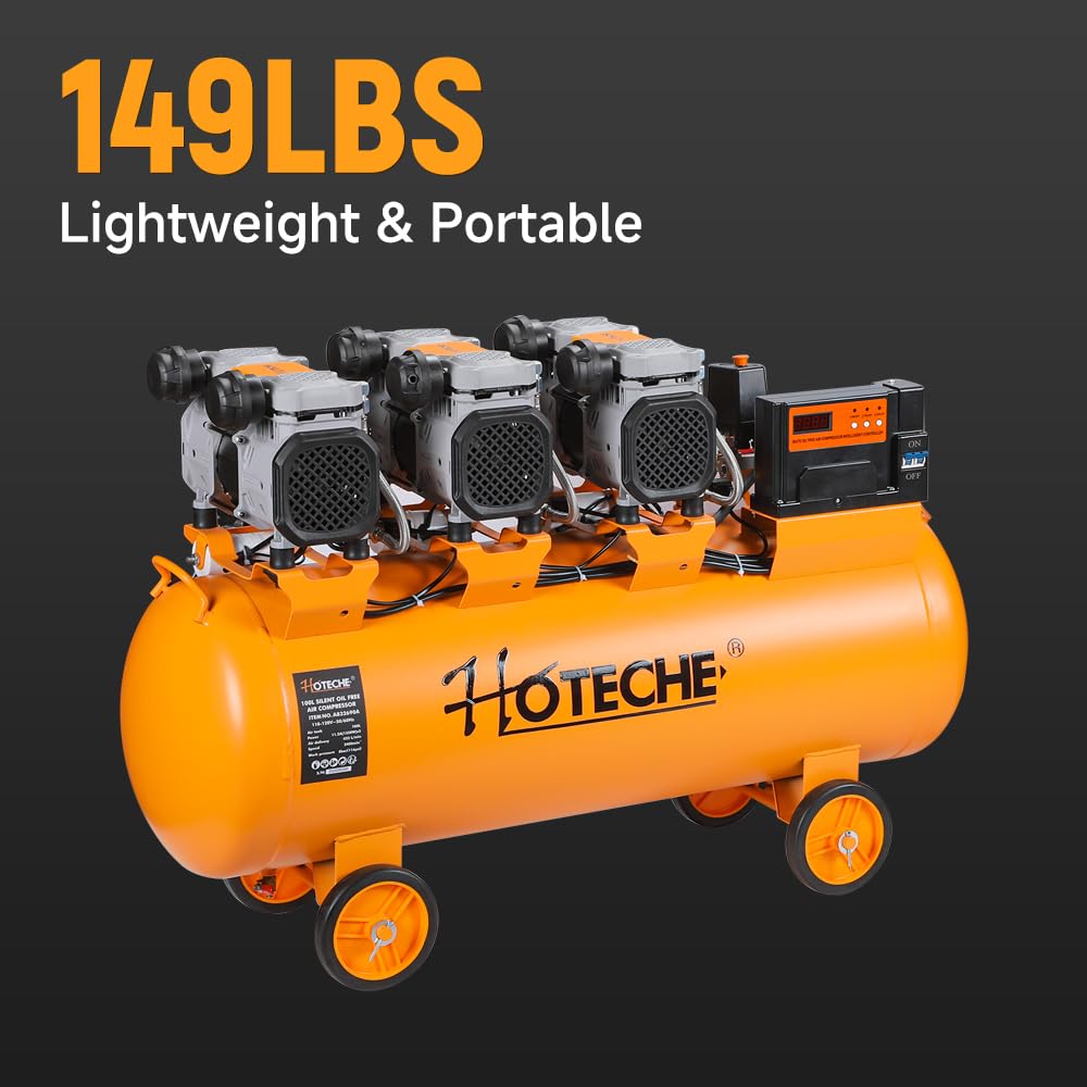 Hoteche 26 Gallon Silent Oil-Free Air Compressor, 5.4HP (1.8HP*3) High Flow 425L/Min Ultra Quiet Electric Air Pump with Triple Motors & Dual Cylinders for Workshop, Industrial Painting & Air Tools
