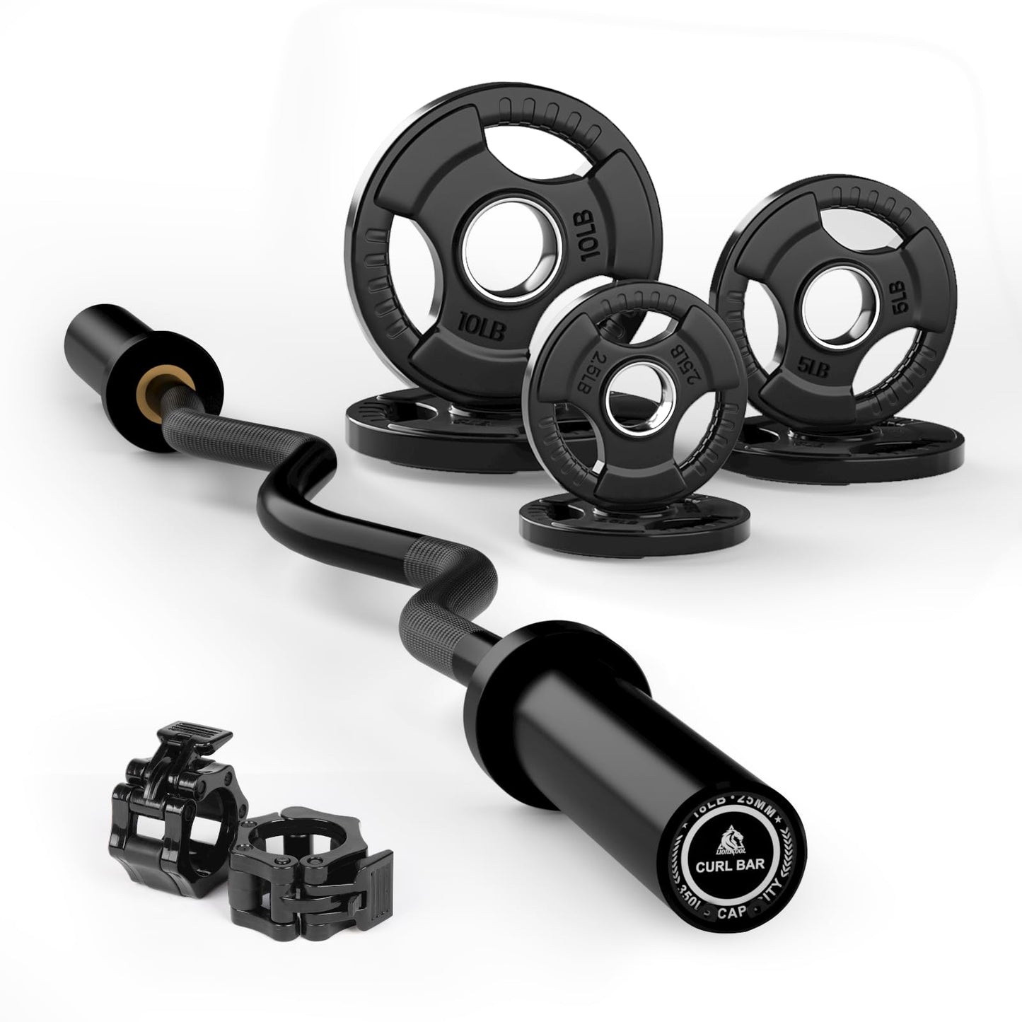 LIONSCOOL Black EZ Curl Bar with 35lb Weight Plate Set and Barbell Clamps