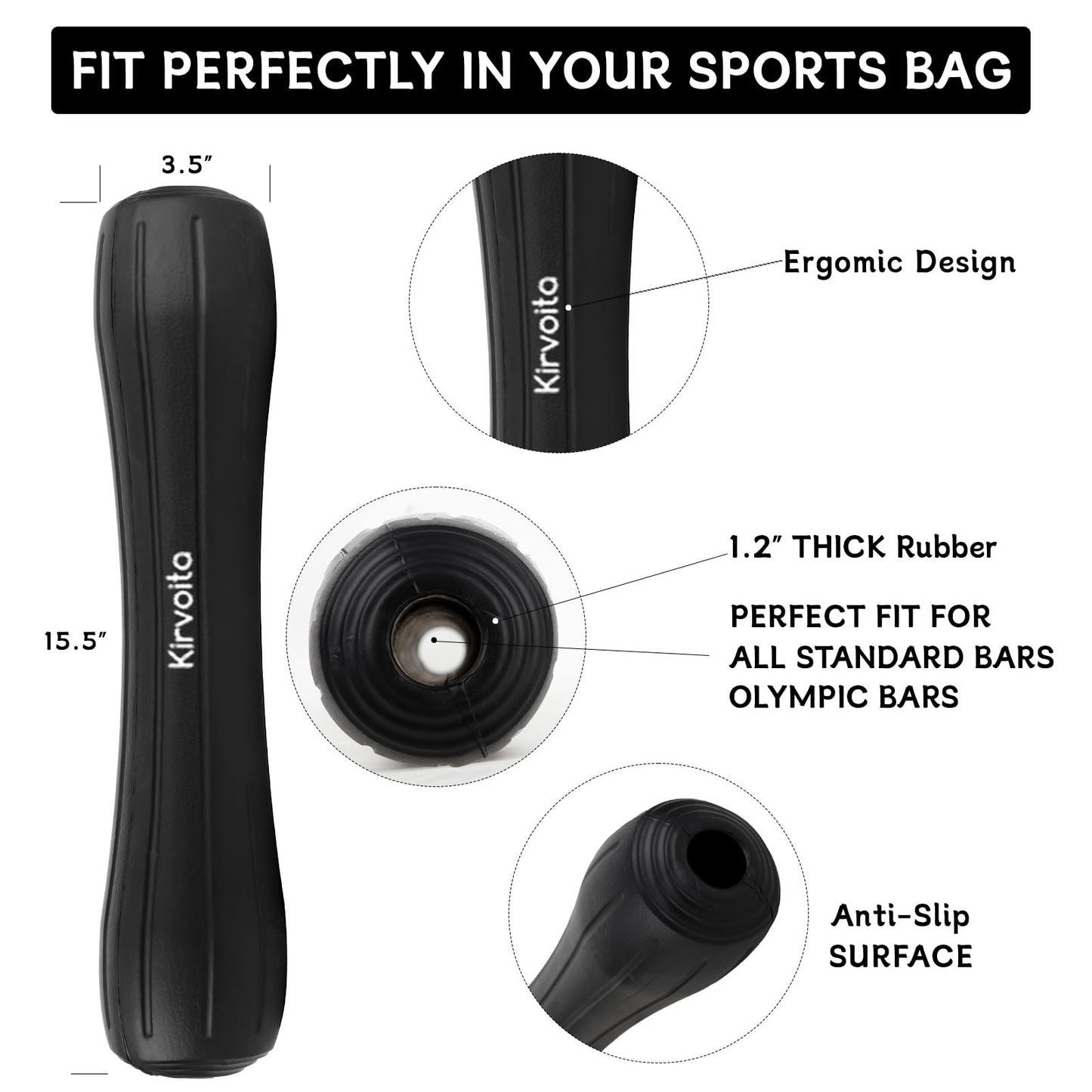 Kirvoita Rubber Barbell Pad, Squat Pad, Hip Thrust Pad, Easy to Install, No Velcro/Straps Needed, for Both Heavy Weights & Lower Weights (15.5 * 3.5 * 3.5 in, Black)