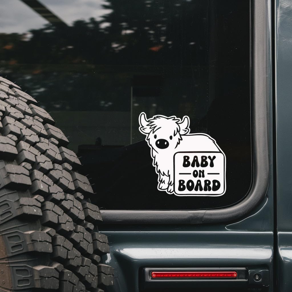 Sabazee Highland Cow Baby On Board Car Window Decal - Cute Calf Safety Sign Vinyl Sticker - Family Travel Awareness