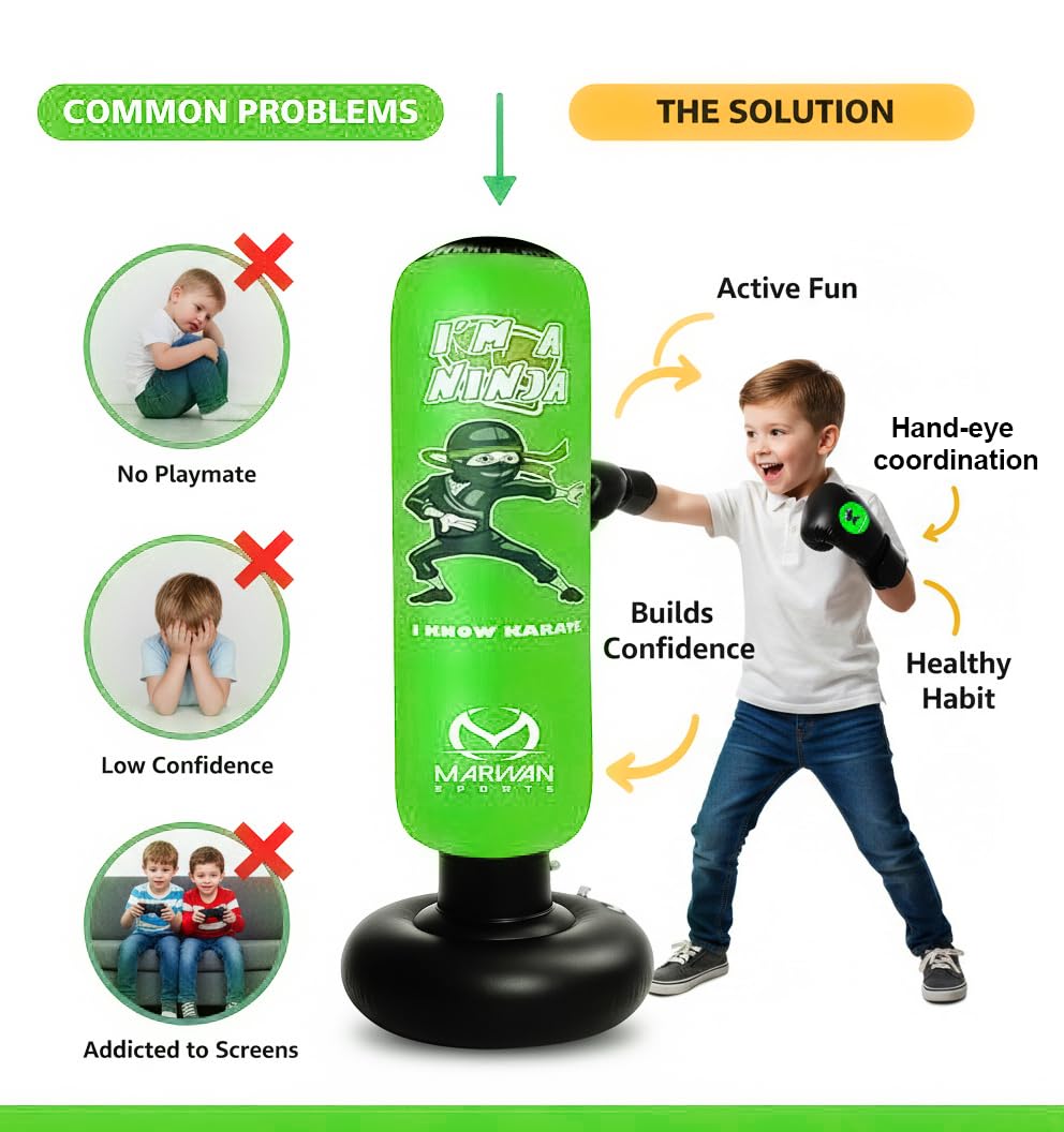 Marwan Sports Ninja Inflatable Punching Bag for Kids 4-12, Indoor Active Play for Sensory Seekers & High-Energy Kids, 63" 5-in-1: Gloves, Manual Pump, Funnel & Drag-Handle Base Cover, Apartment-Quiet